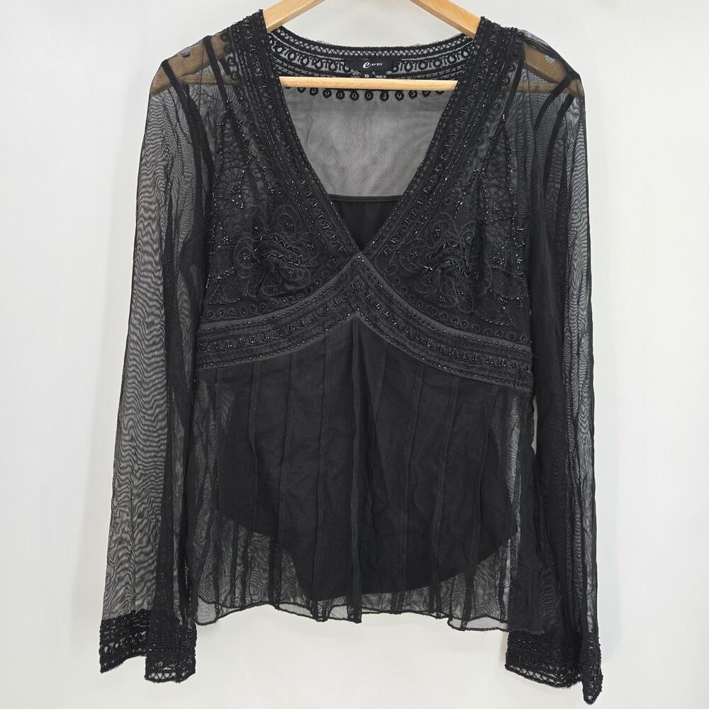 ECI Women Top Sheer Romantic Y2K Mesh Embroidered Casual Black Size 10